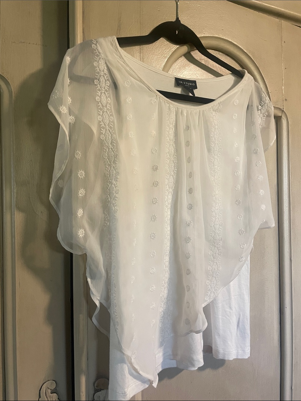 M.STUDIO White Sheer Embroidered Layered Flutter Top